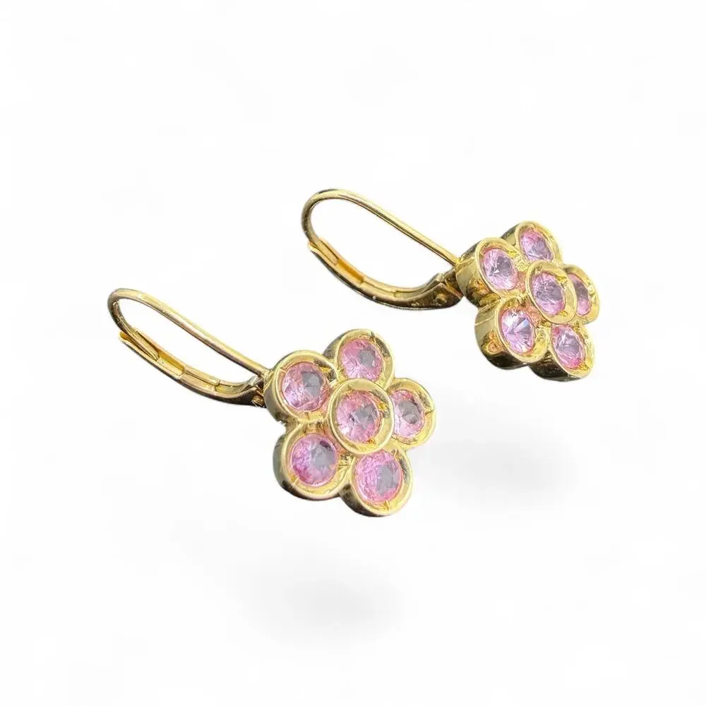 14k Yellow Gold Natural Pink Sapphire Flower Earrings Leverback Daisies Daisy